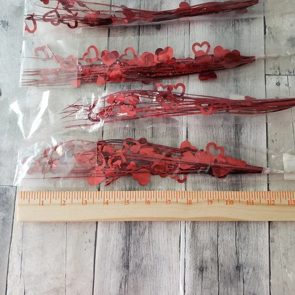 NWT - Lot of 6 Red Hearts and Foil Strands Floral Picks 12